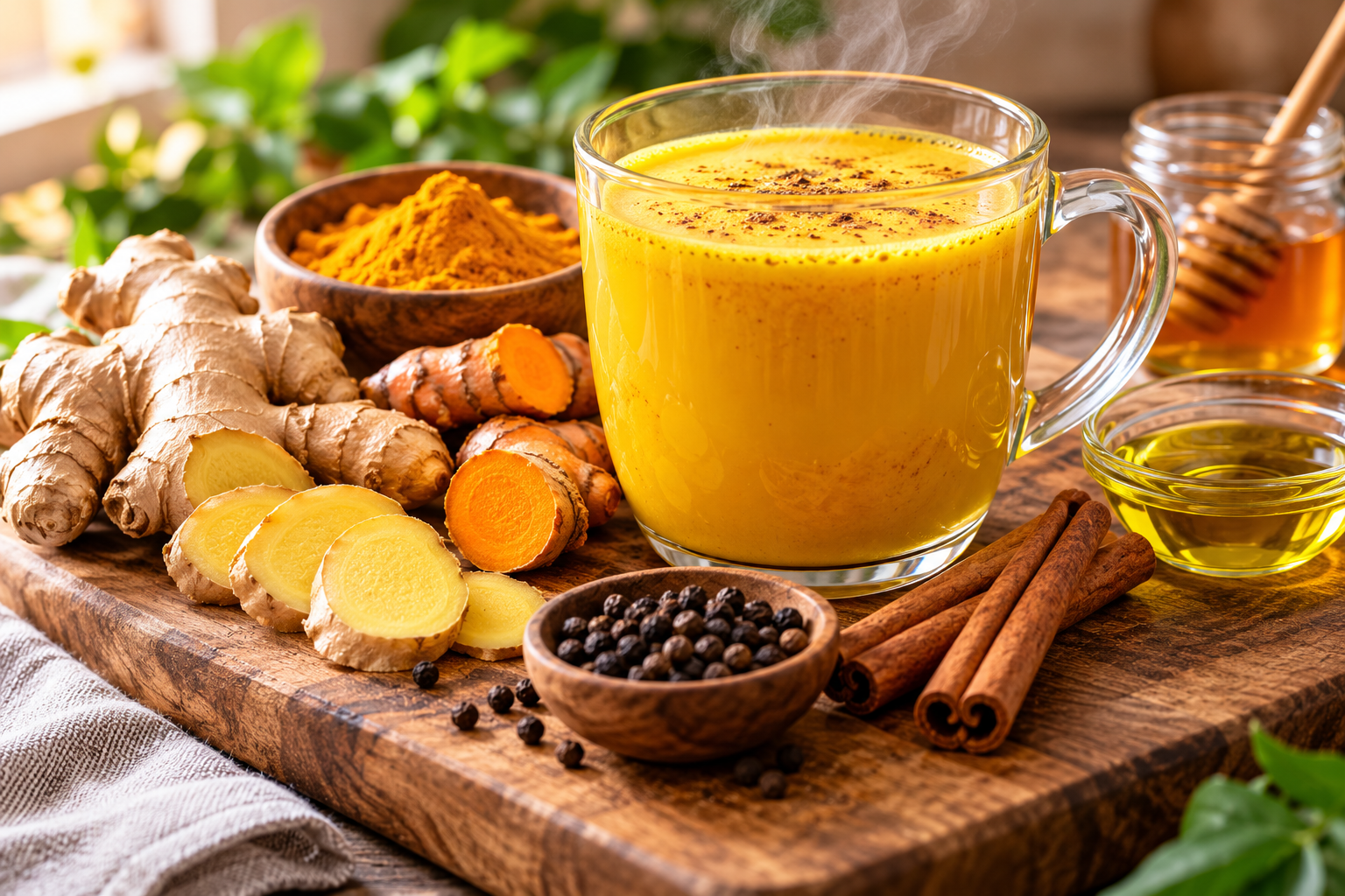 Warm ginger and turmeric golden drink with ginger, turmeric, black pepper and cinnamon