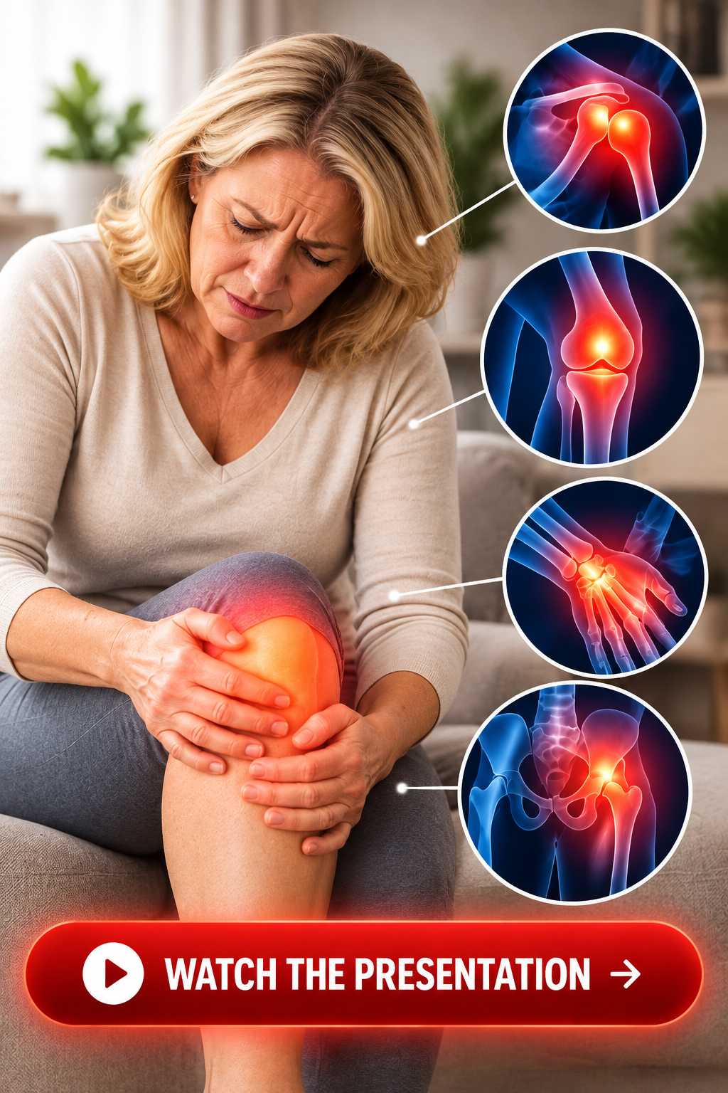 Woman experiencing joint discomfort with visual illustrations of affected joints and a Watch the Presentation call to action